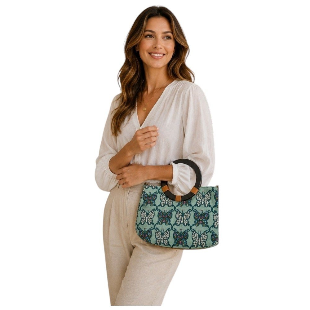 Y2K Braciano Women's‎ Purse Butterfly Beaded Sequin Teal Canvas Wood Handle Bag